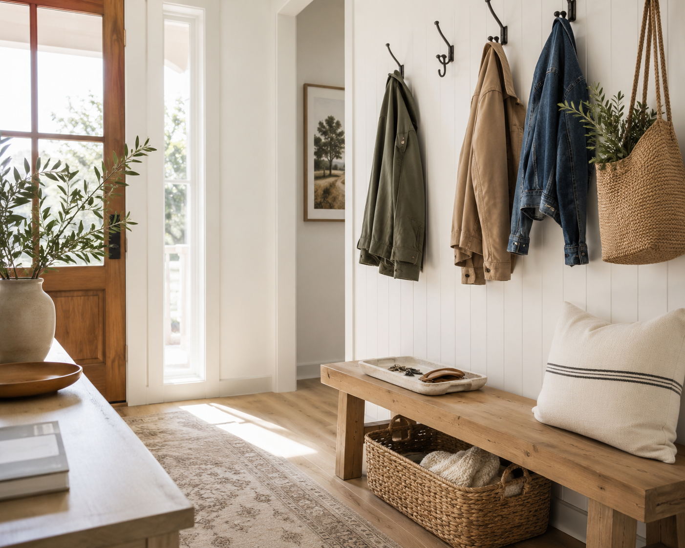 Bright, organized entryway with a wooden bench, woven basket, wall hooks, key tray, and fresh greenery creating a calm and functional home entrance.