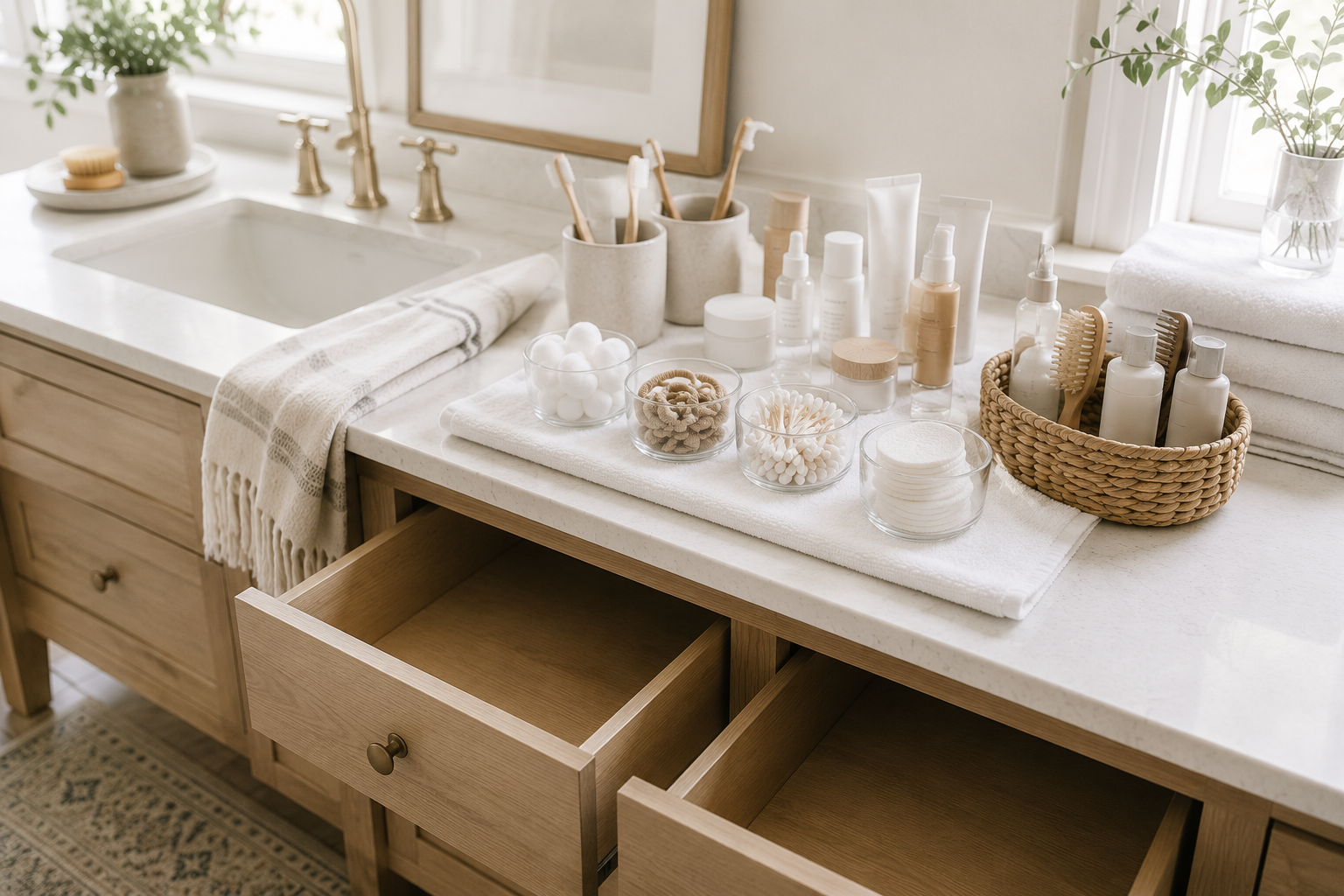 Bathroom toiletries sorted into categories on a folded white towel beside empty vanity drawers before organizing.
