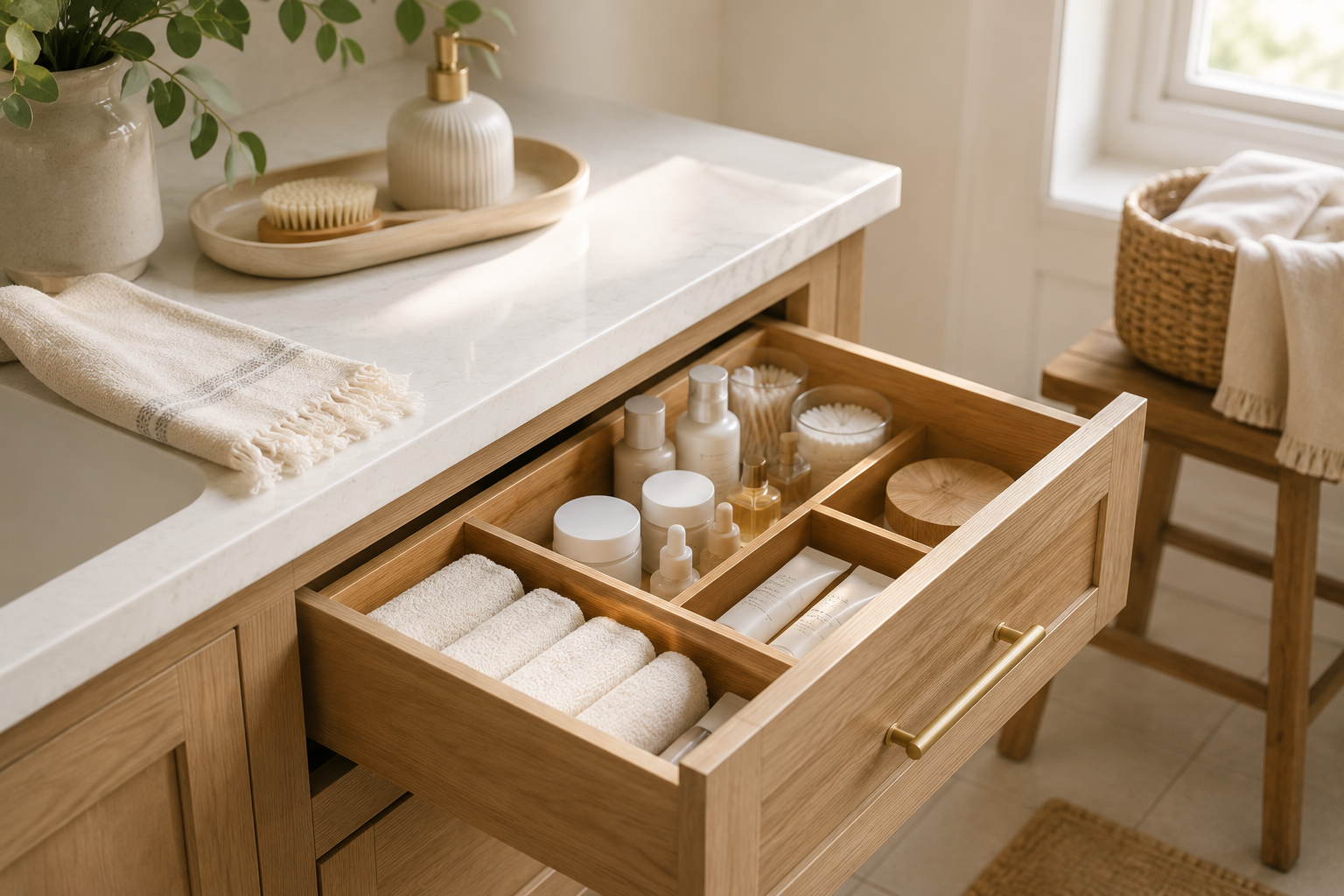 Bathroom drawer opened halfway with neatly arranged skincare products, folded washcloths, bamboo organizers, and soft natural morning light.
