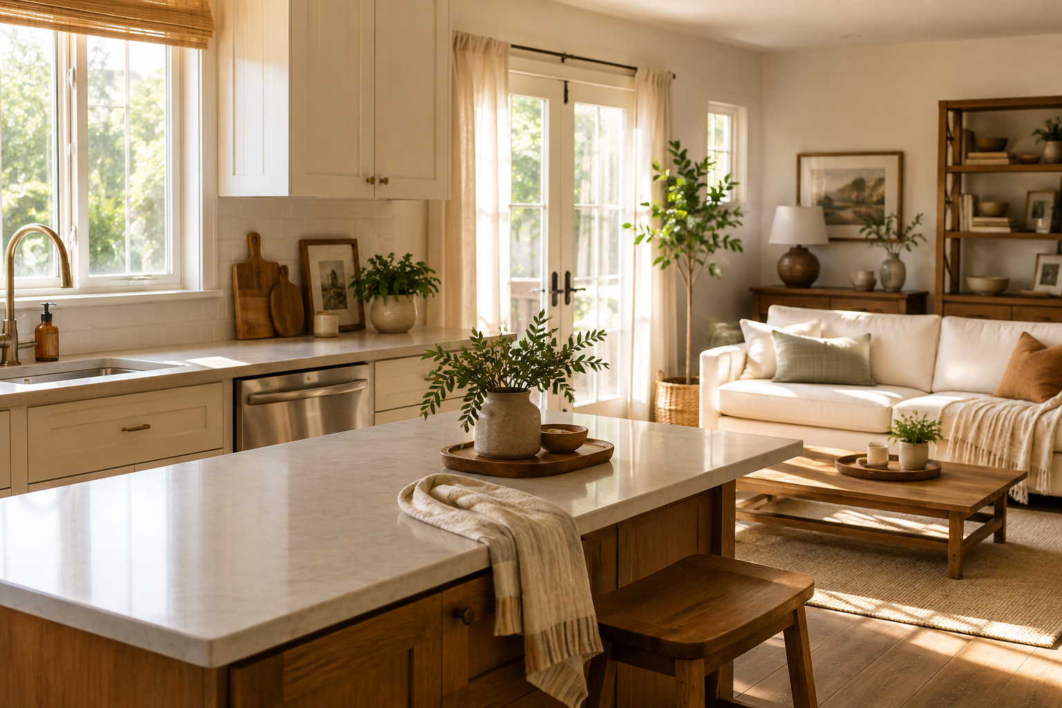 Bright kitchen and living area in soft morning light after a simple morning reset with clear counters and warm neutral decor.