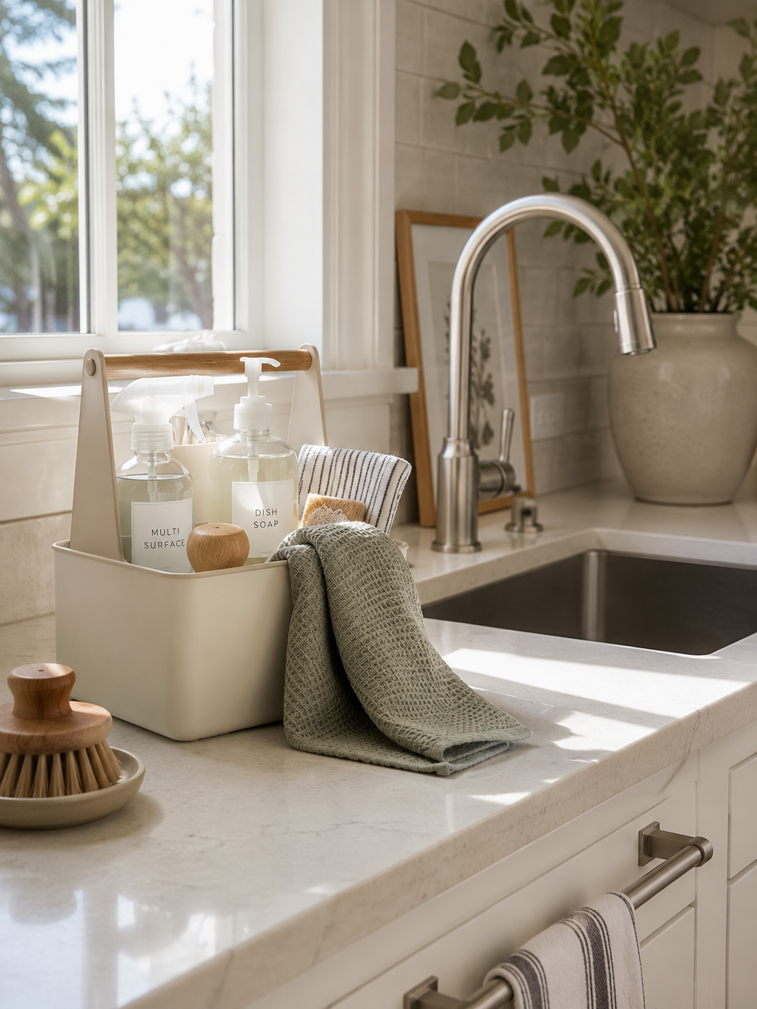 Organized cleaning caddy beside a bright kitchen sink with natural cleaning supplies, woven basket, wood scrub brush, and neutral modern kitchen decor.