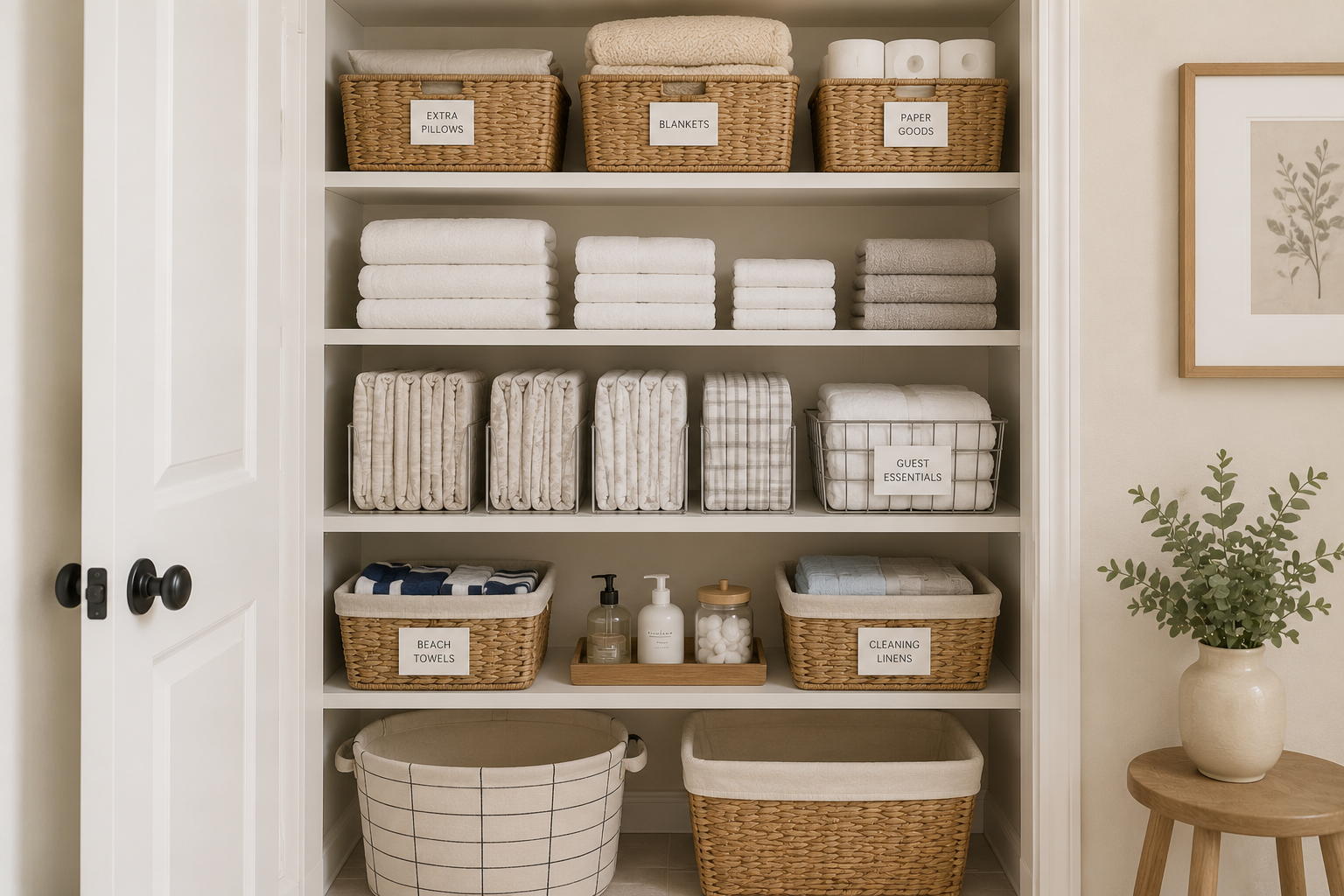 A well-organized linen closet with everyday towels on easy-to-reach shelves, folded sheet sets, labeled storage baskets, and larger storage bins on the lower shelves, creating a simple system for daily routines.