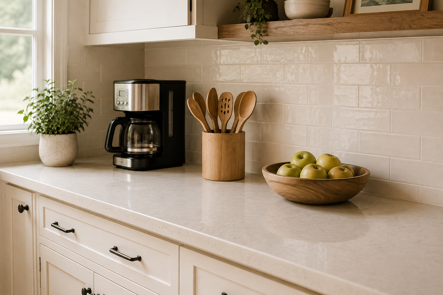 Organized kitchen countertop with a coffee maker, wooden utensil crock, fruit bowl, and small potted plant on clean quartz counters, creating a calm and functional everyday workspace.