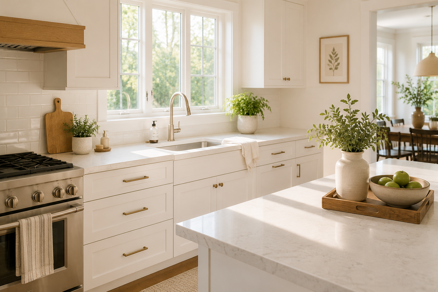 A bright, clean kitchen with white shaker cabinets, quartz countertops, an empty sink, fresh greenery, and morning sunlight streaming through the windows, illustrating the calm feeling of waking up after completing an evening reset.