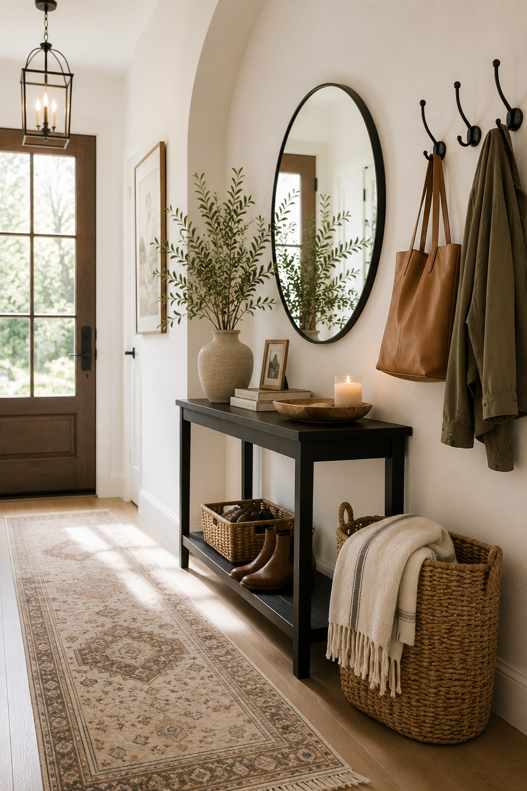 Bright organized entryway with a black console table, round mirror, wall hooks, woven baskets, decorative tray, boots, and soft natural light creating a calm, welcoming home.
