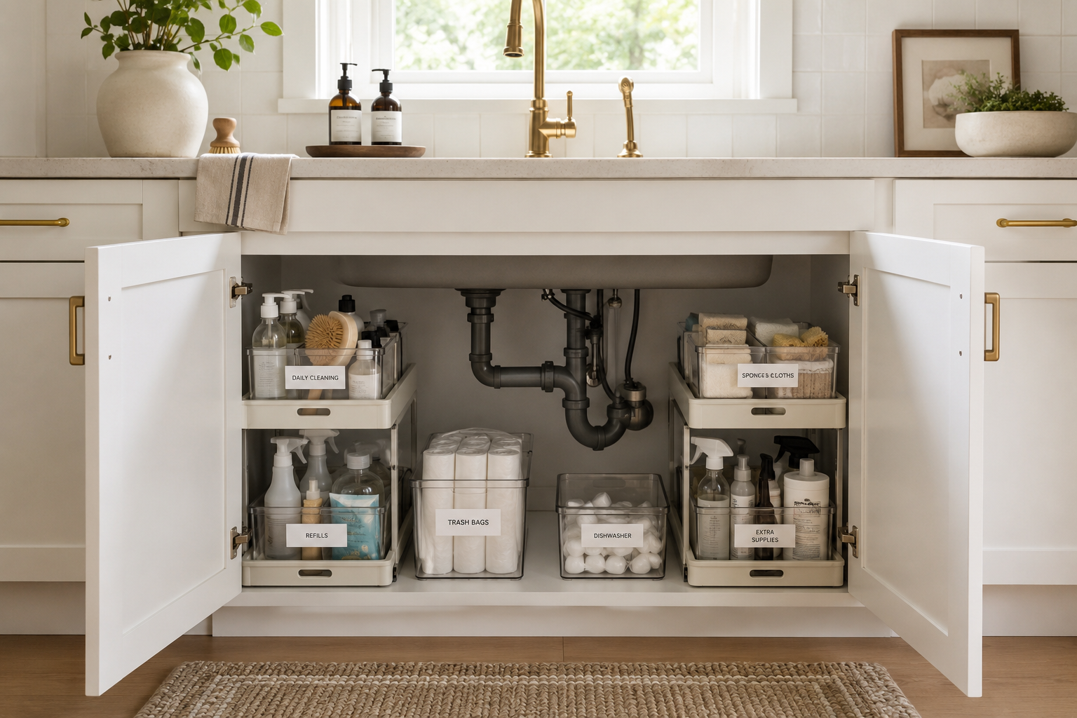Organized under-sink cabinet with pull-out drawers, clear storage bins, labeled containers, and open space around the plumbing in a bright white kitchen.