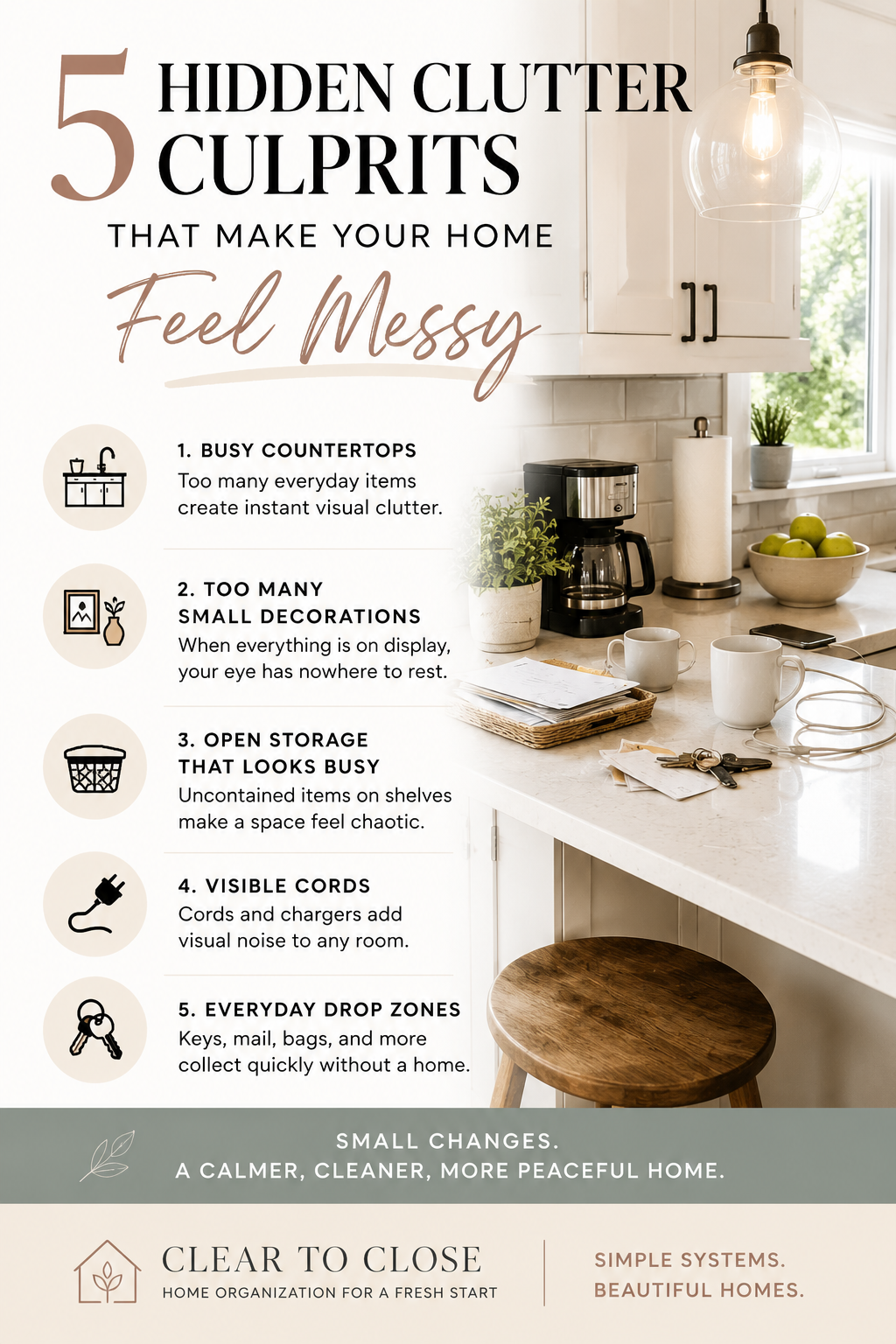 Infographic highlighting five hidden clutter culprits that make a clean home feel messy, including busy countertops, visible cords, and everyday drop zones.