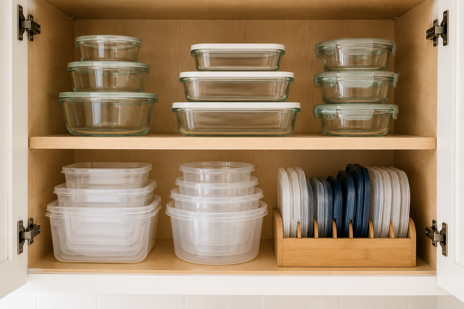 Neatly nested glass and BPA-free food storage containers grouped by size inside an organized kitchen cabinet with lids stored vertically in a bamboo divider.