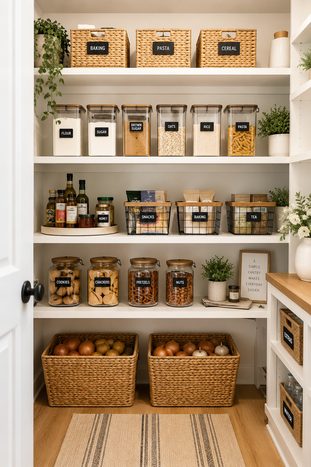 Beautiful organized pantry with clear storage containers, woven baskets, labeled shelves, natural wood accents, and bright lighting creating a calm, functional kitchen storage space.