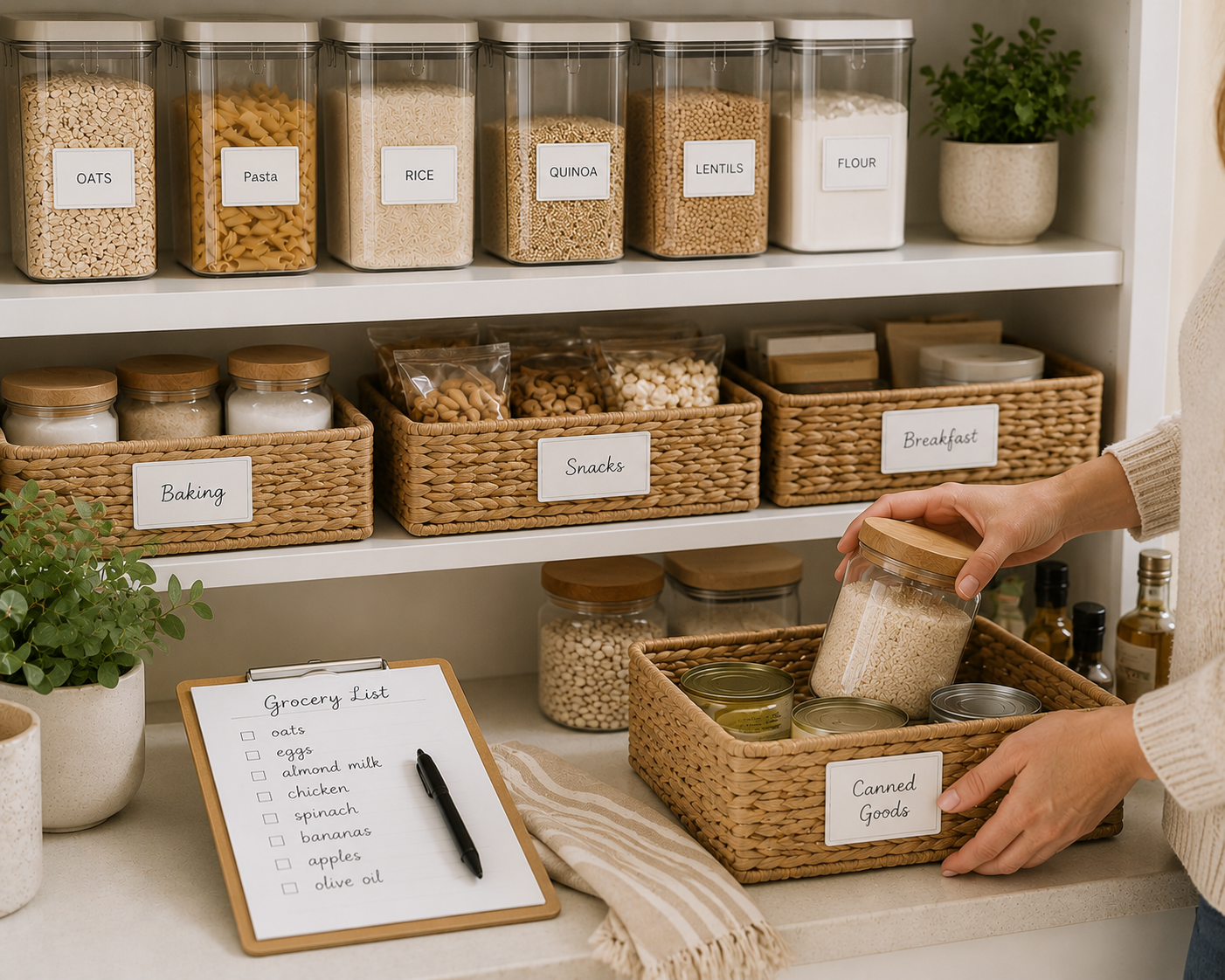 Organized pantry shelf with labeled woven storage baskets, clear pantry containers, a handwritten grocery list, and pantry staples being returned to their proper place during a simple weekly pantry reset.