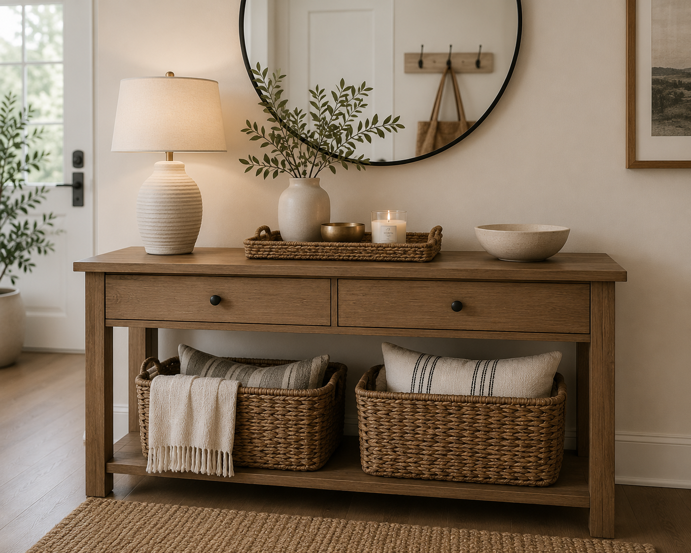 Organized console table with a decorative tray, table lamp, woven baskets, and open surface space creating a calm, clutter-free entryway.