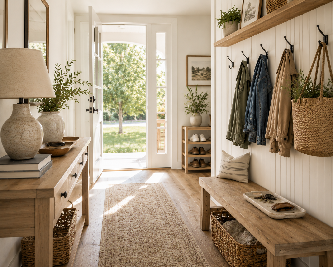 Wide view of a bright, organized entryway with a wooden bench, woven baskets, wall hooks, neatly stored shoes, a decorative key tray, and warm natural light creating a calm home entrance.