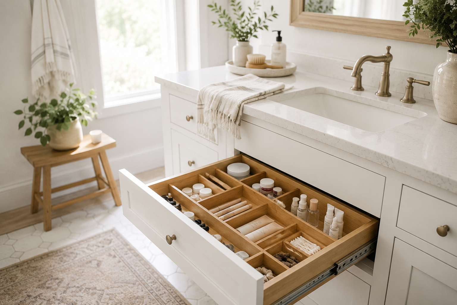 Bright white bathroom vanity with a partially open drawer organized with bamboo dividers holding skincare, makeup, toothbrushes, and daily essentials.