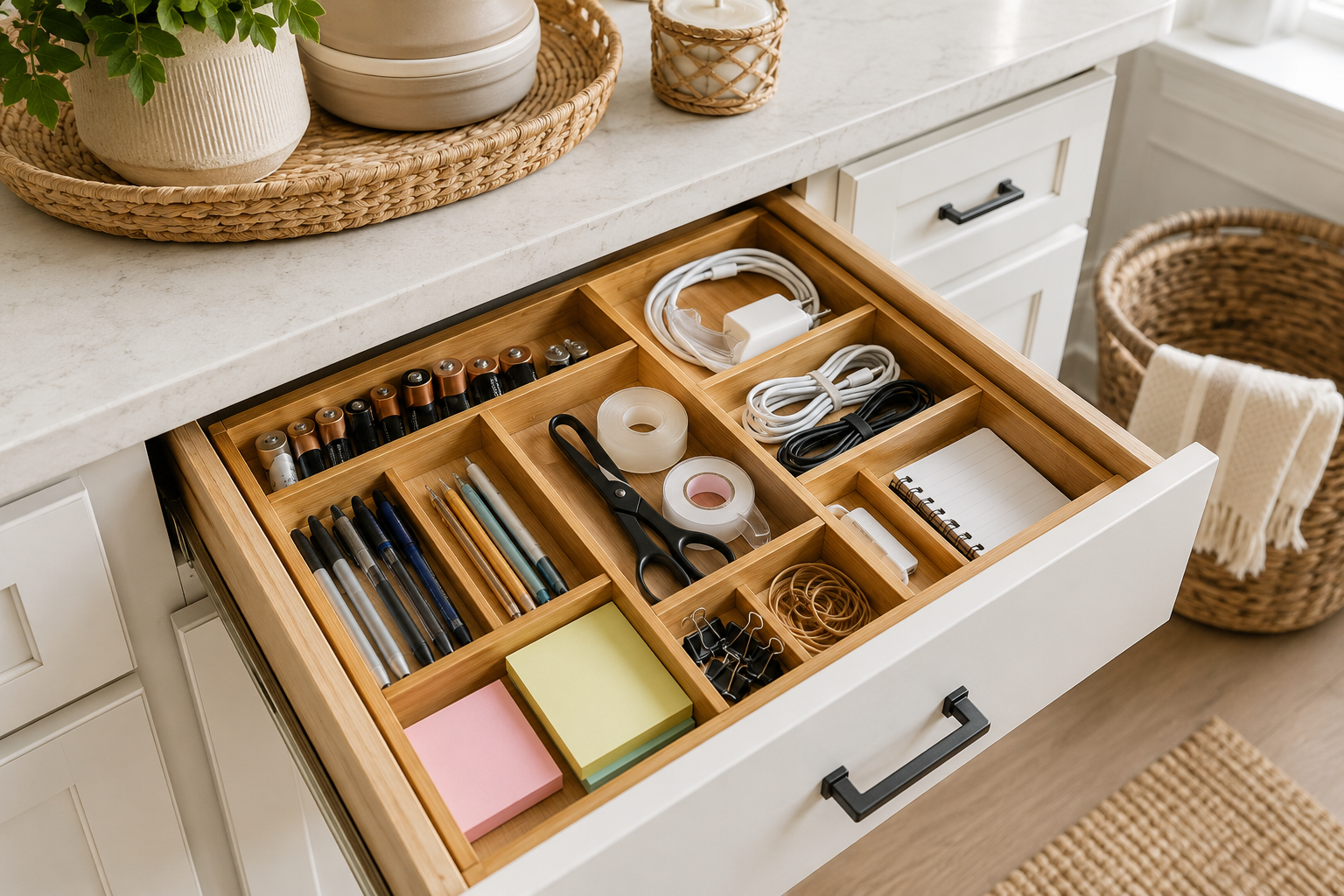 Organized wooden junk drawer with bamboo drawer organizers holding batteries, pens, scissors, tape, sticky notes, and charging cables in a bright white kitchen.