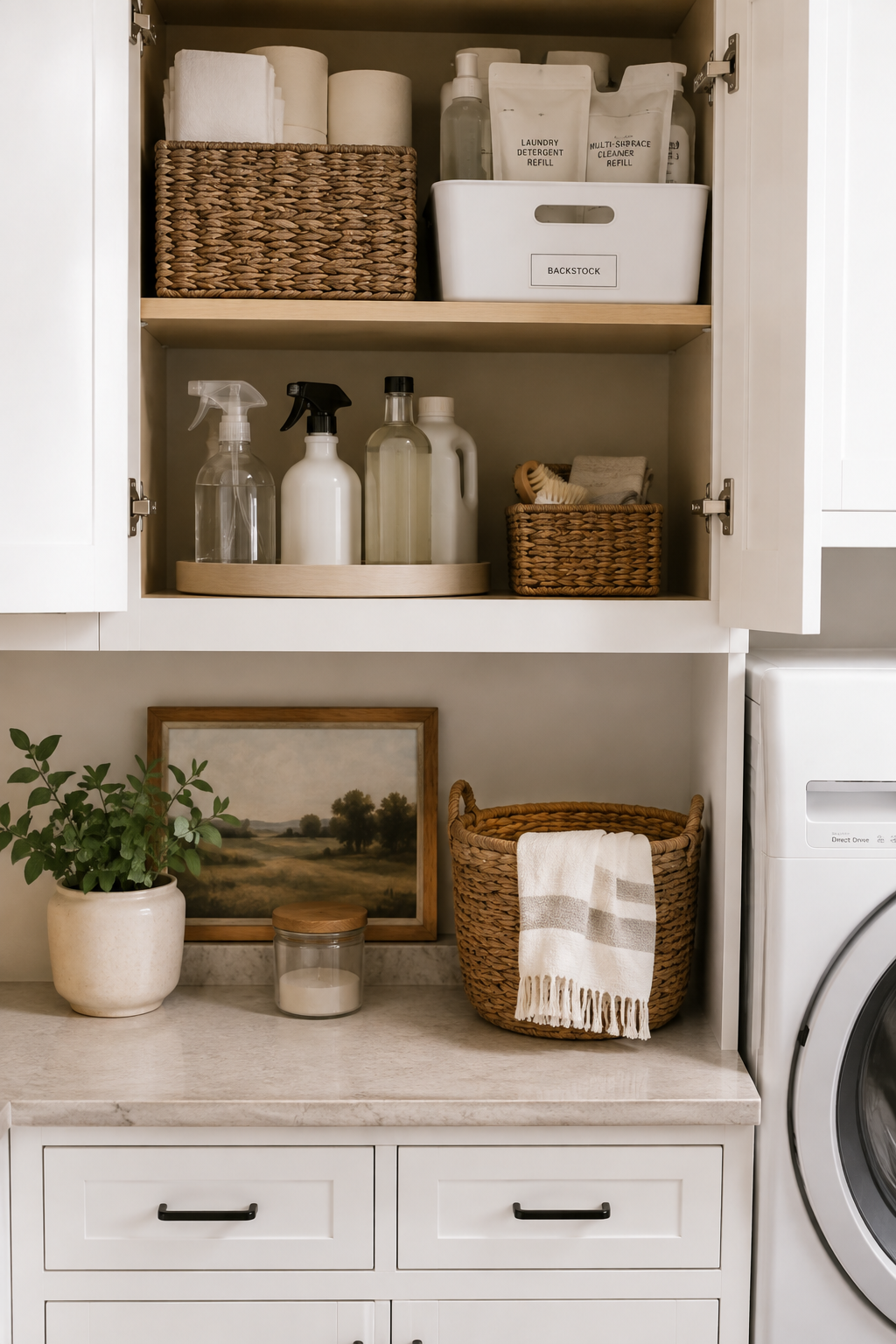 Organized laundry room cabinet with everyday cleaning supplies and refills stored separately