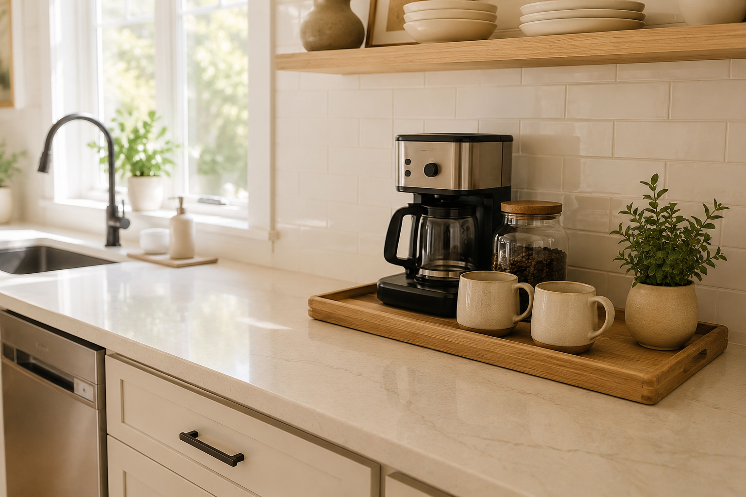 Organized coffee station with everyday coffee supplies grouped together on a kitchen counter.