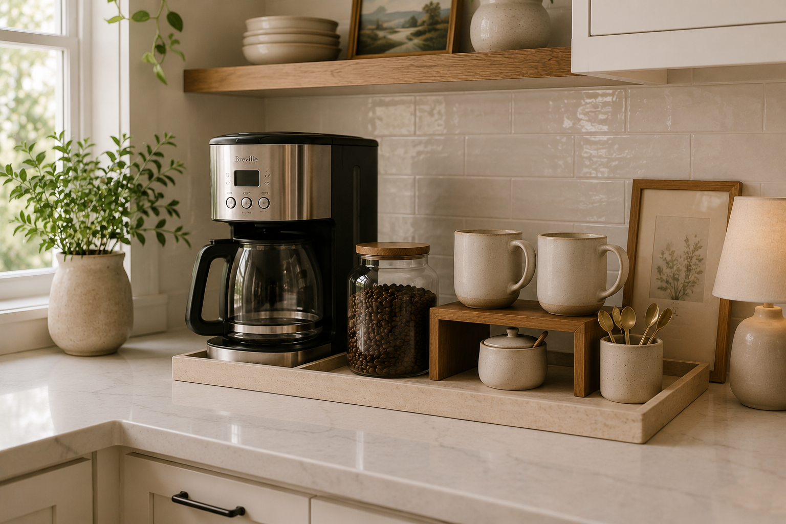 Cozy kitchen coffee station with a coffee maker, mugs on a wooden riser, coffee bean canister, and a decorative tray creating an organized, clutter-free countertop.