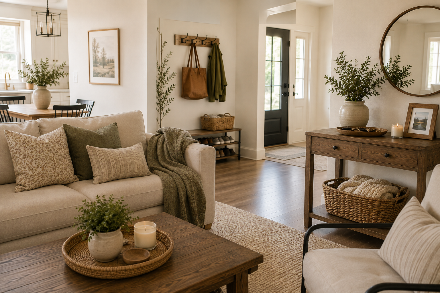 Warm living room and entryway with simple home organization systems, woven baskets, wall hooks, and a catchall tray.