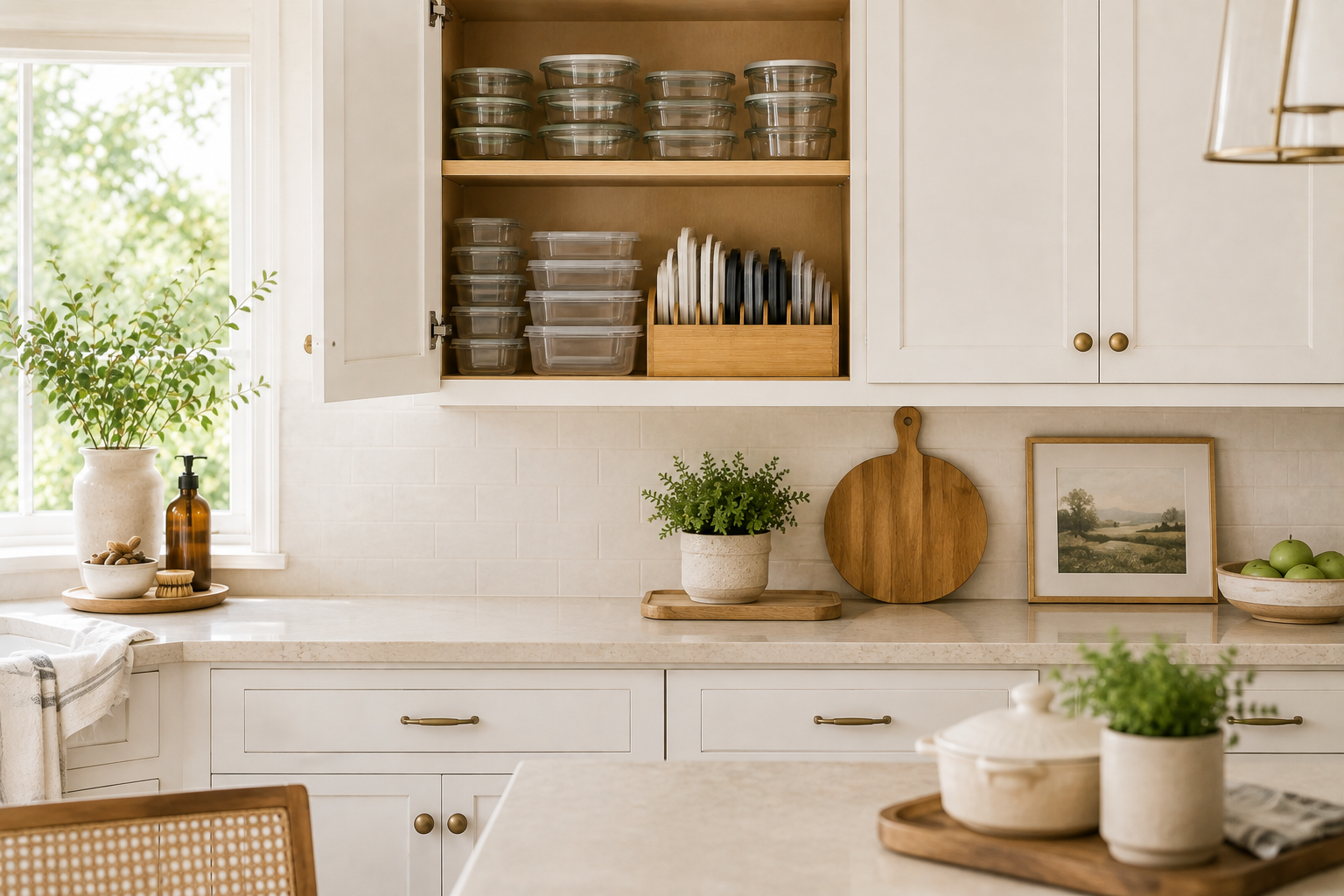Bright kitchen with calm countertops and a partially open cabinet revealing an organized food storage container system with neatly stacked containers and vertically stored lids.