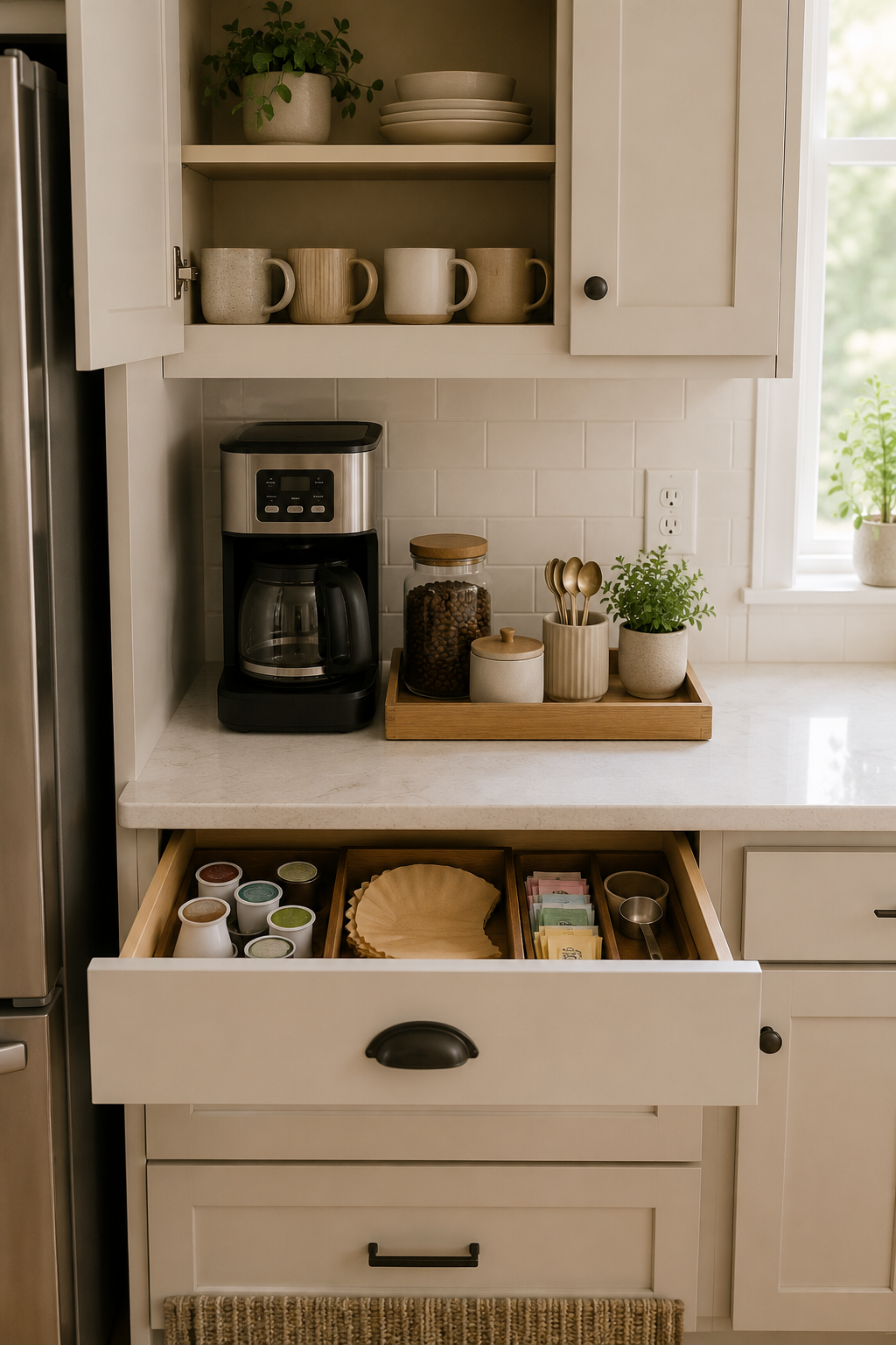 Organized kitchen coffee station with everyday mugs stored above and coffee supplies organized in a drawer below.