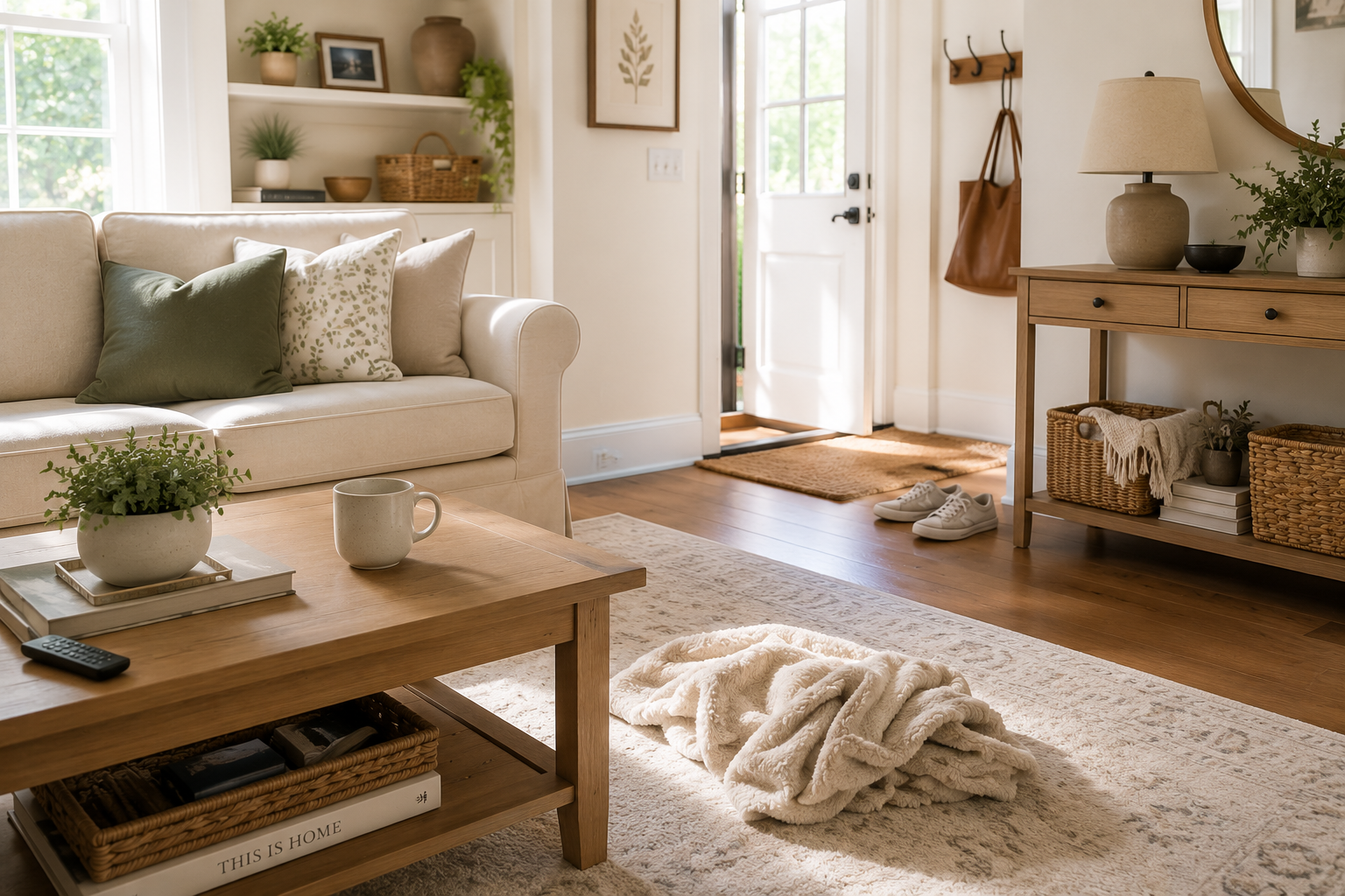 A bright living room and entryway with a few everyday items out of place, including a throw blanket on the floor, a coffee mug on the coffee table, and shoes near the front door, illustrating a home ready for a simple evening reset routine.