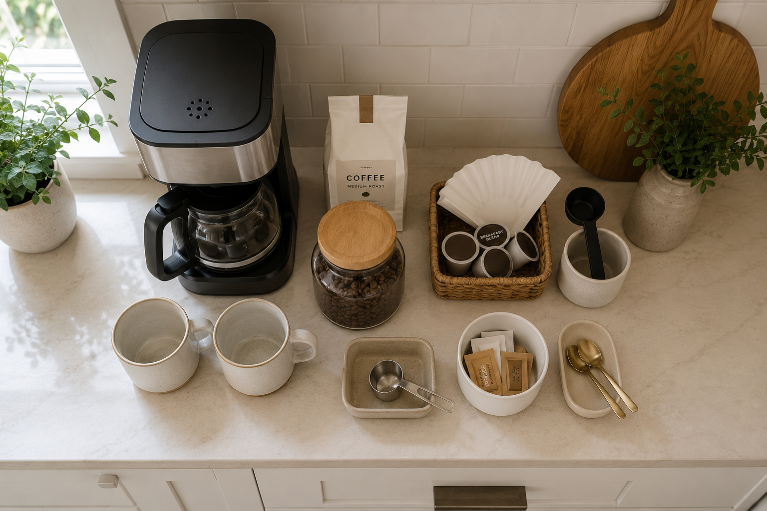 Everyday coffee supplies grouped by use on a kitchen counter before organizing a coffee station.