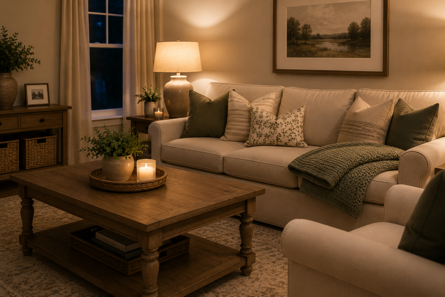 A cozy evening living room with fluffed pillows, a neatly folded throw blanket, warm lamp lighting, and a clutter-free coffee table, illustrating the peaceful feeling of completing a simple evening res