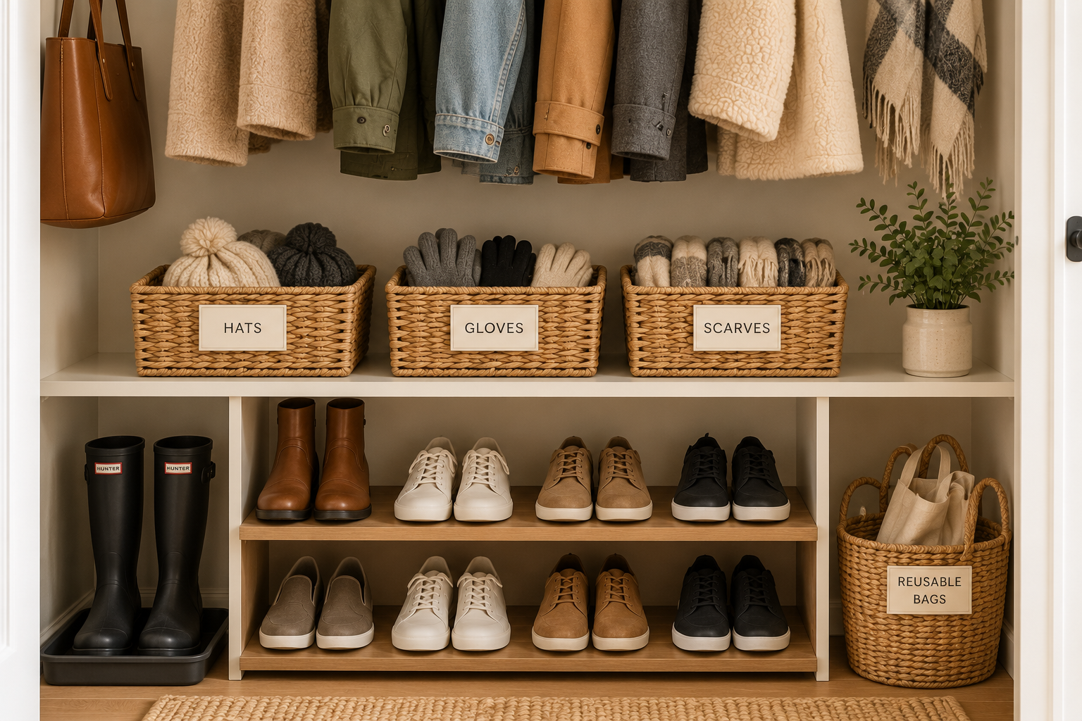 Organized coat closet with labeled baskets for hats, gloves, scarves, umbrellas, and reusable shopping bags, creating a simple entryway organization system.