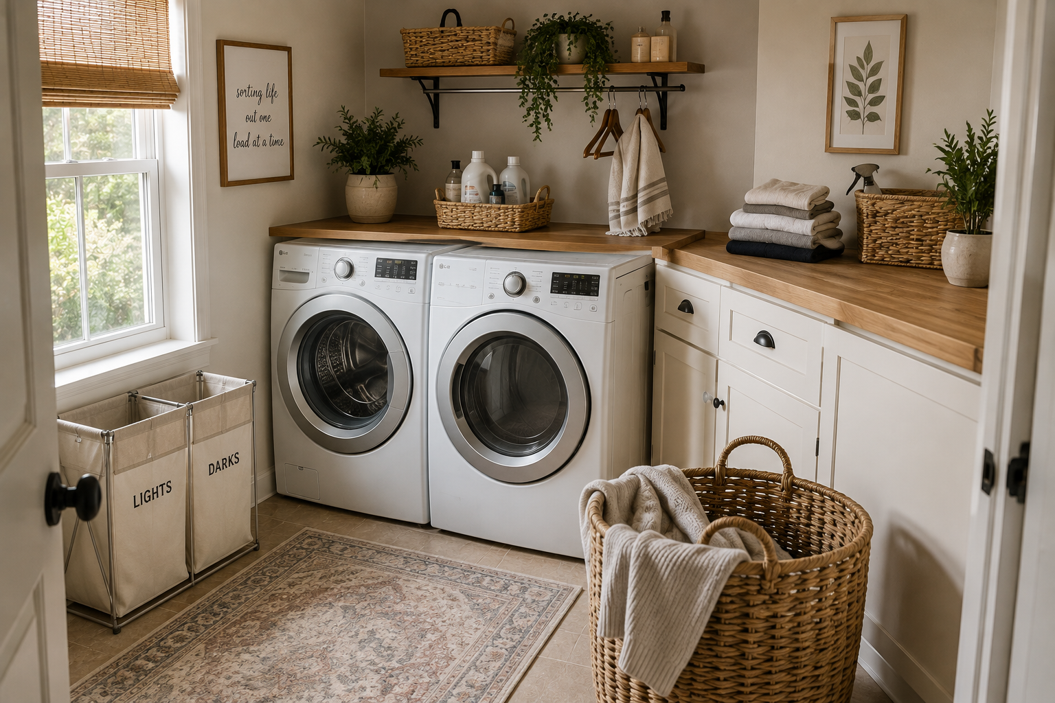 Functional laundry room with hamper, washer and dryer, clear folding counter, and basket creating a simple laundry flow from dirty clothes to put away.