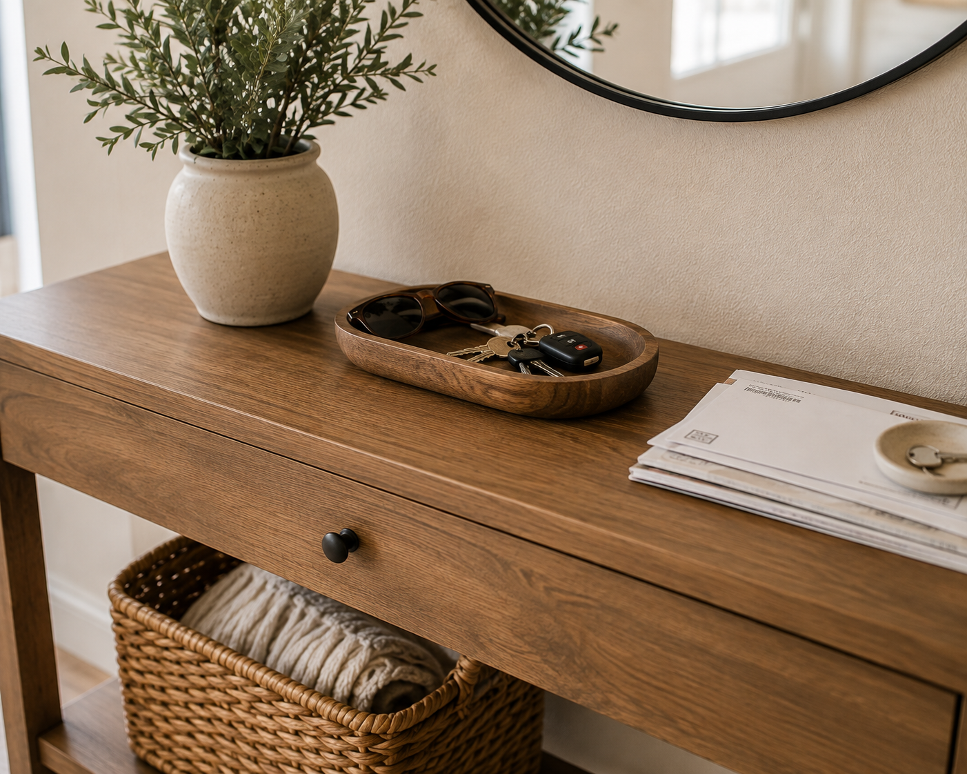 Warm wood entryway console with a tray for keys and sunglasses, mail, and a woven basket below.