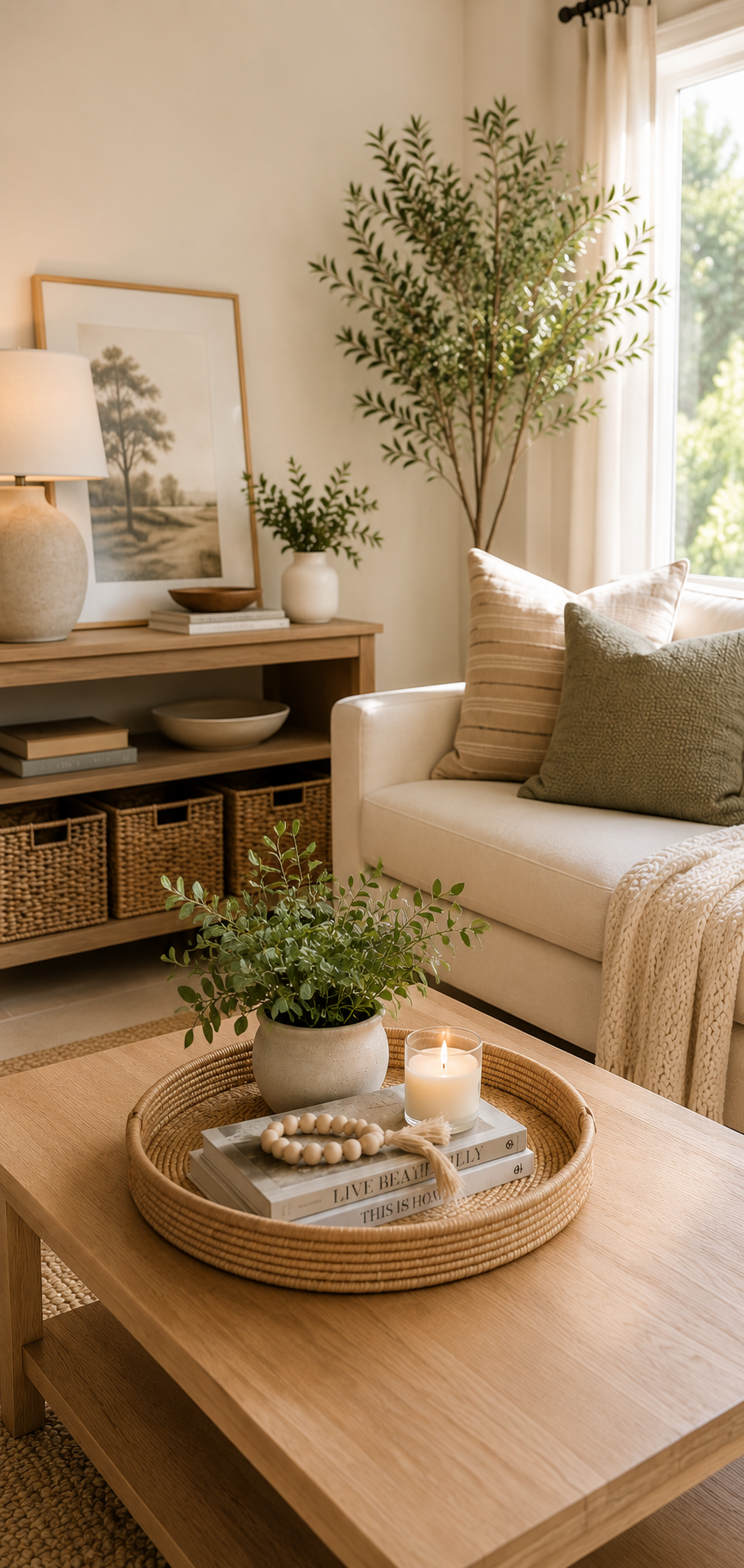 Calm, organized living room with neutral décor and hidden storage ideas that reduce visual clutter and make a home feel bigger.