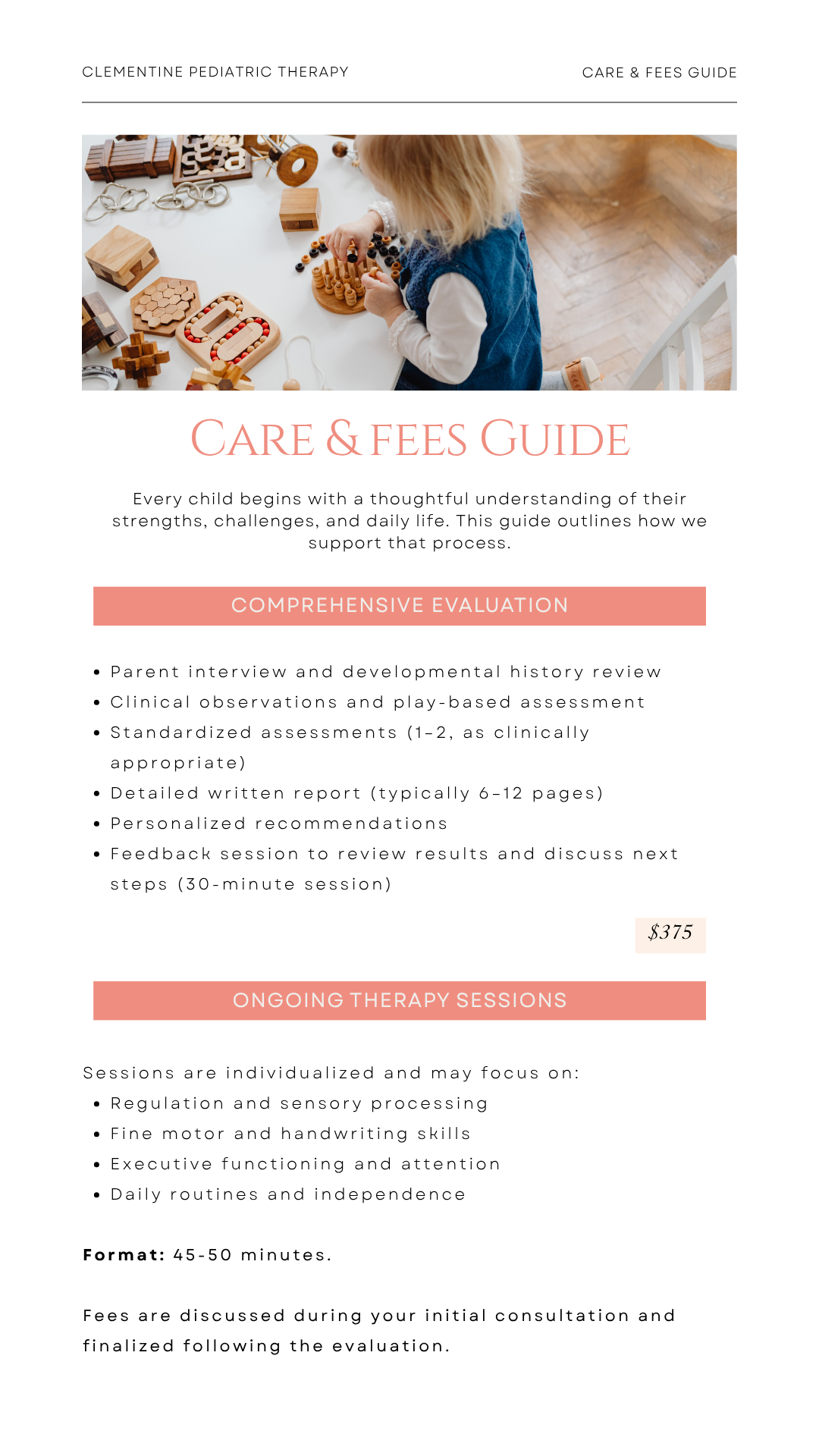 A child with blonde hair playing with wooden toys, including blocks, beads, and puzzles, on a white table in a bright room.