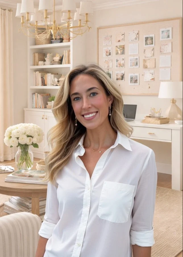A woman with blonde hair wearing a white button-up shirt, smiling in a well-lit, cozy home office or living space decorated with white and neutral tones, featuring a chandelier, bookshelves, wall collage, and a vase of white flowers on a wooden table.