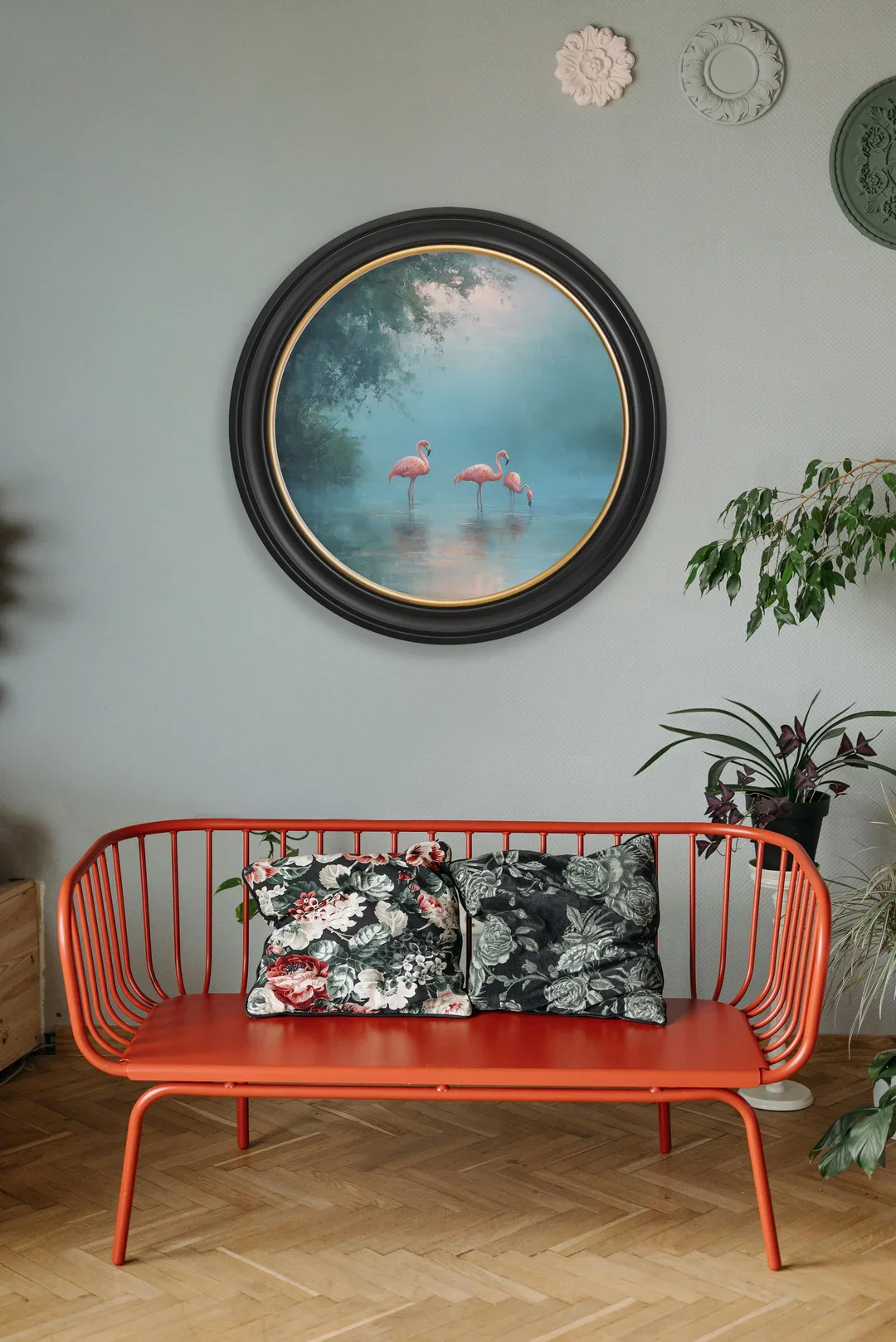 Flamingos_Round_Frame_Mock_Wall.webp