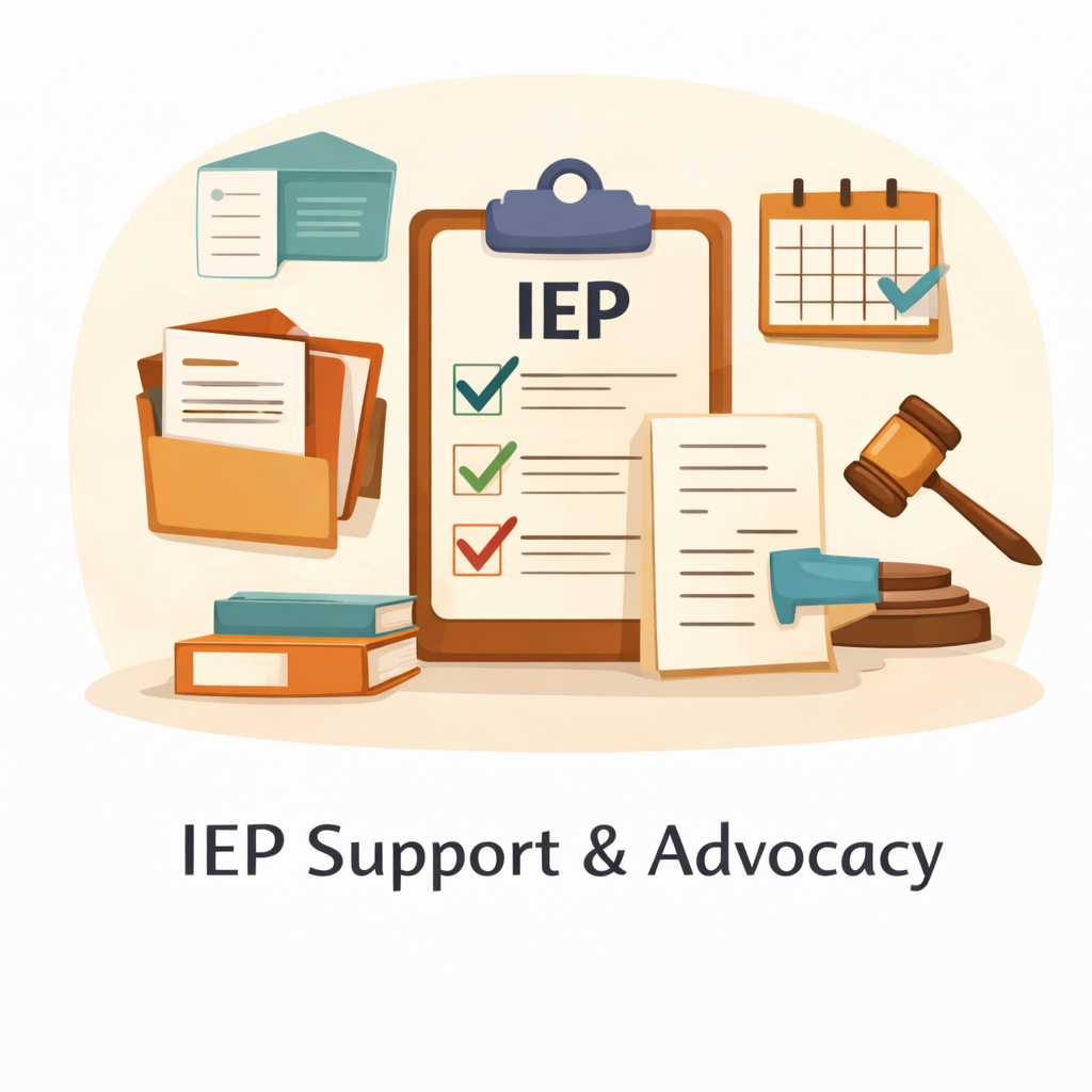 Illustration of documents, folders, a clipboard with 'IEP' and checkmarks, a calendar with a checkmark, a gavel, and books, representing support and advocacy for IEP.
