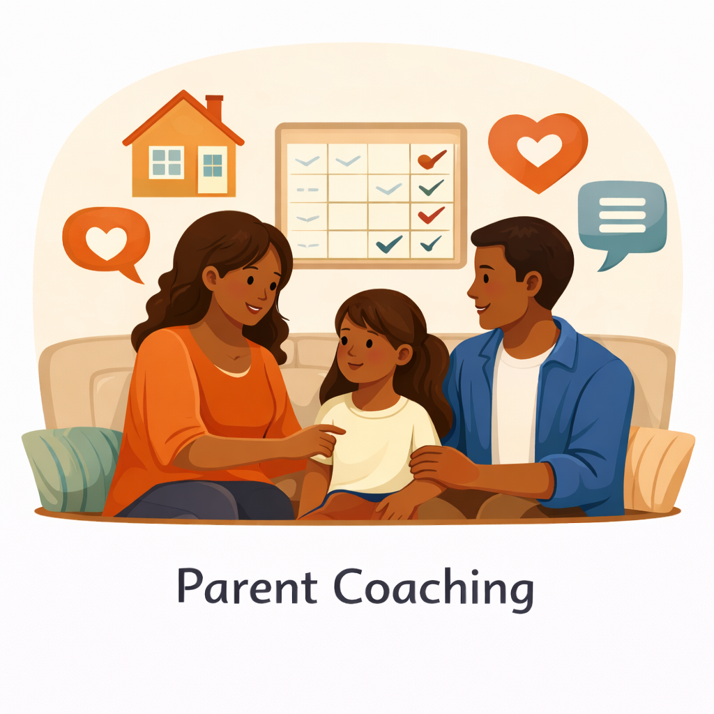An illustration of a parent coaching session with a mother, father, and daughter sitting on a couch, surrounded by icons representing love, communication, and a home, with a family calendar in the background. The text at the bottom reads "Parent Coaching."