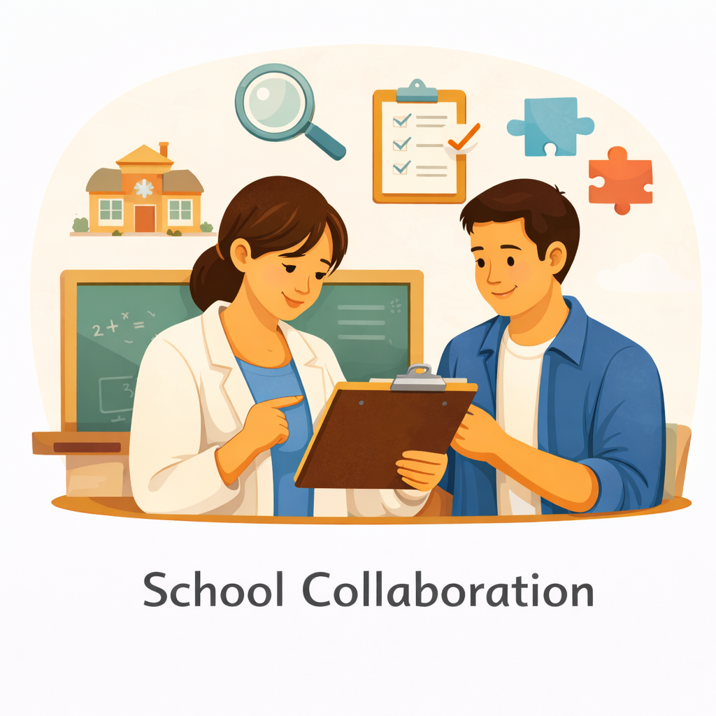 Illustration of a teacher and a student working together with a clipboard, in a classroom setting with a chalkboard, house icon, magnifying glass, checklist, and puzzle pieces, captioned 'School Collaboration'.