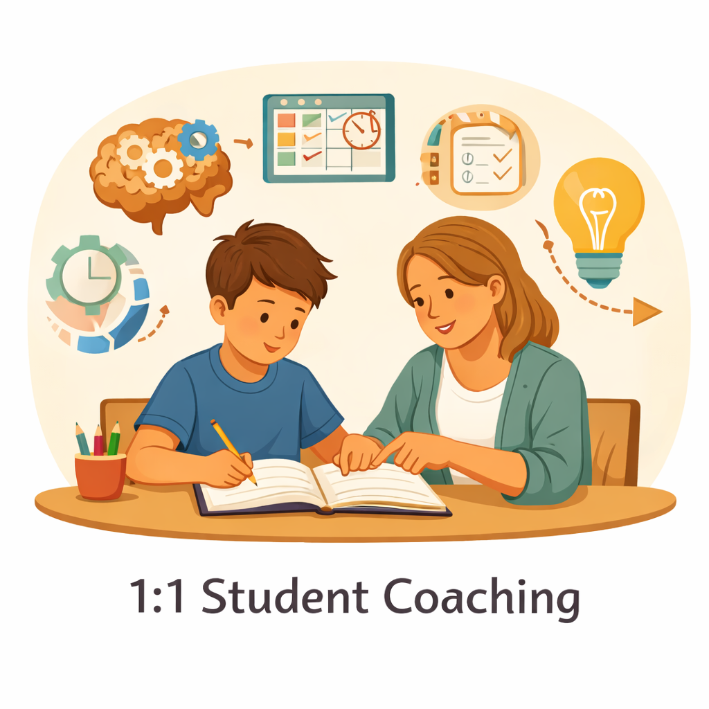 A boy and a woman sitting at a table engaged in one-on-one student coaching. The boy is writing in a notebook while the woman points to it, smiling. There are illustrations of a brain, clock, checklist, and lightbulb above them, symbolizing learning and ideas. The text below reads '1:1 Student Coaching'.
