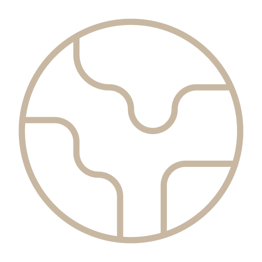 A minimalistic line drawing of a globe with simplified continents.