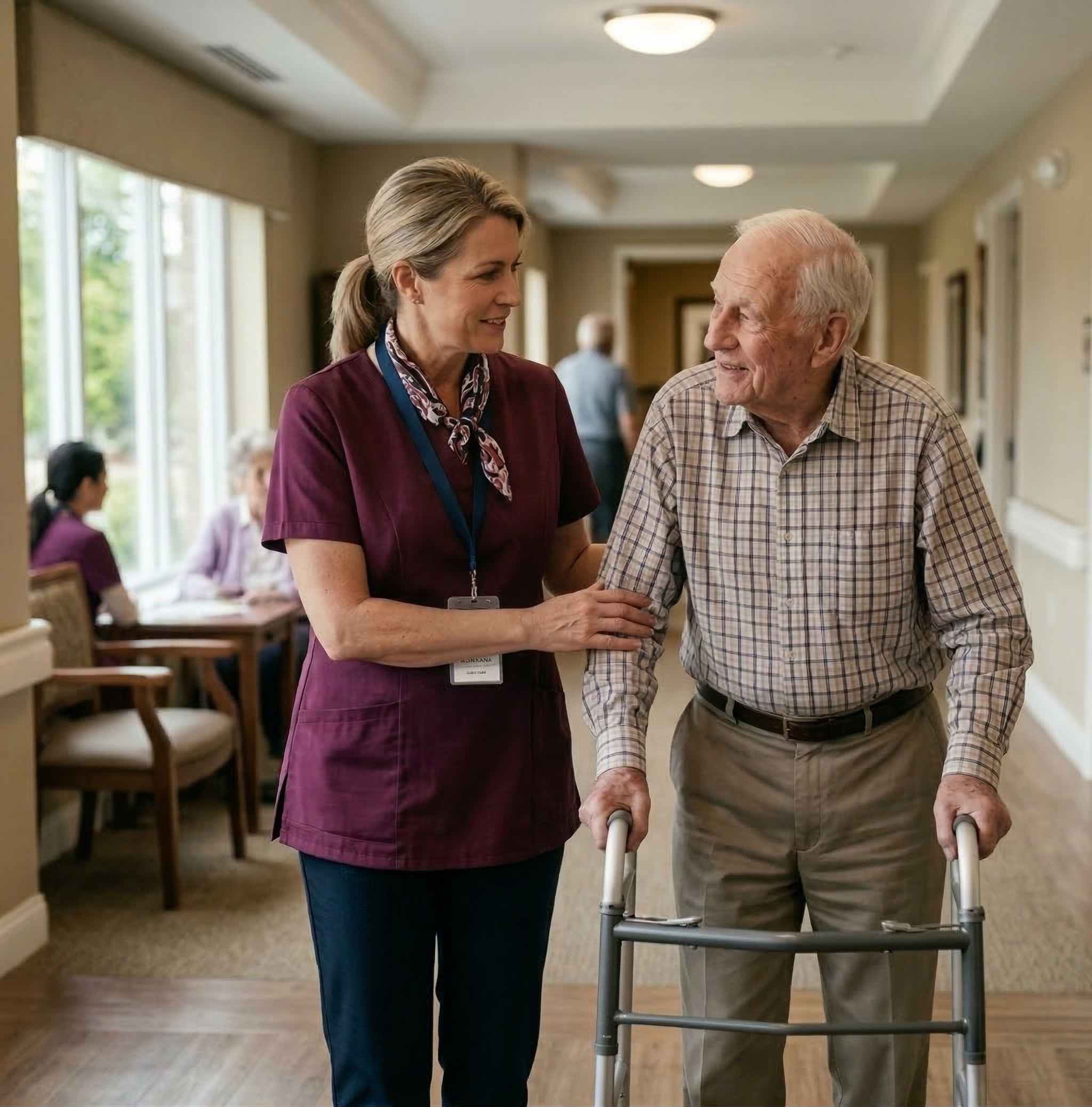 A healthcare worker in maroon scrubs assists an elderly man with a walker in a nursing home corridor.