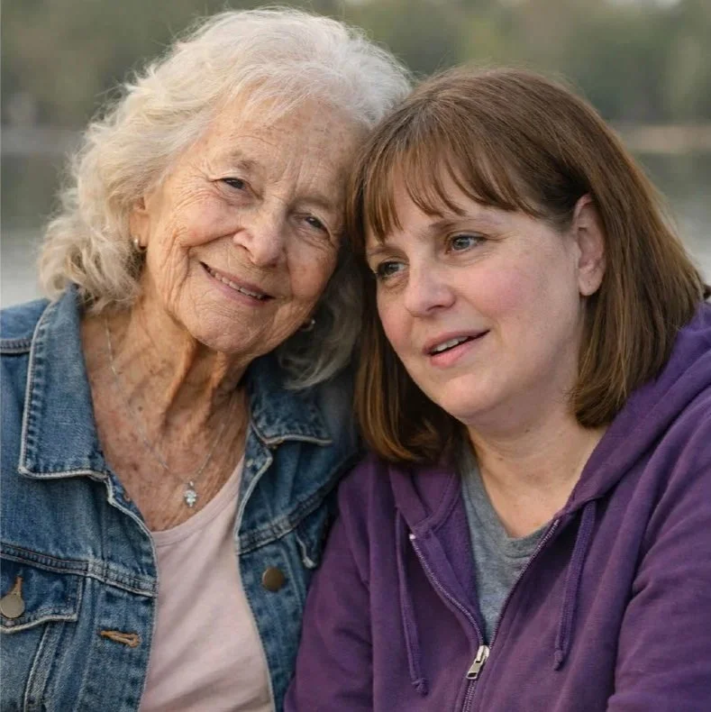Two women, an elderly woman with gray hair and a younger woman with brown hair, sitting close together outdoors, sharing a tender moment.