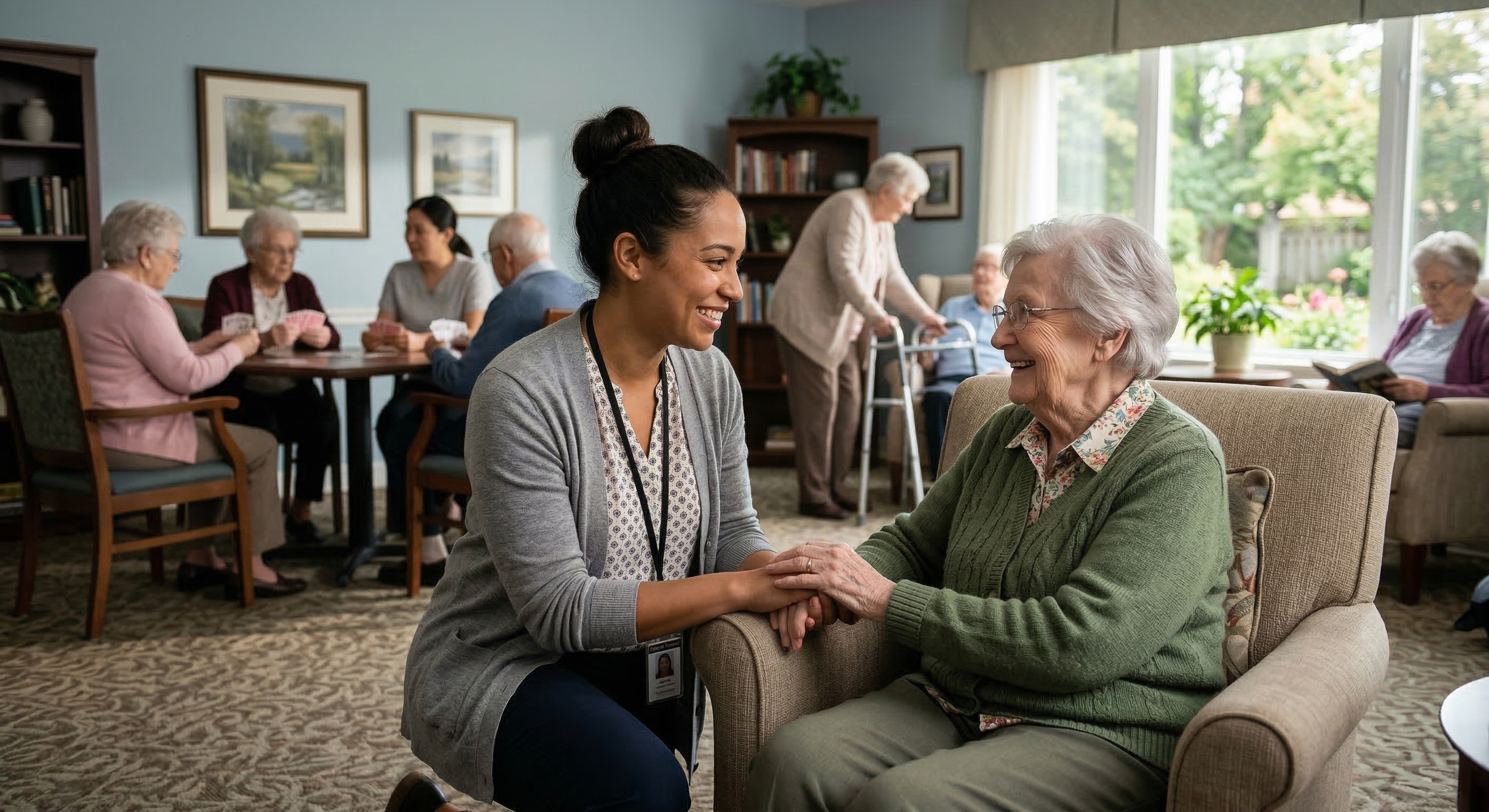 A young female caregiver smiling and holding hands of an elderly woman sitting in a chair, in a senior living or care facility with other elderly residents in the background.