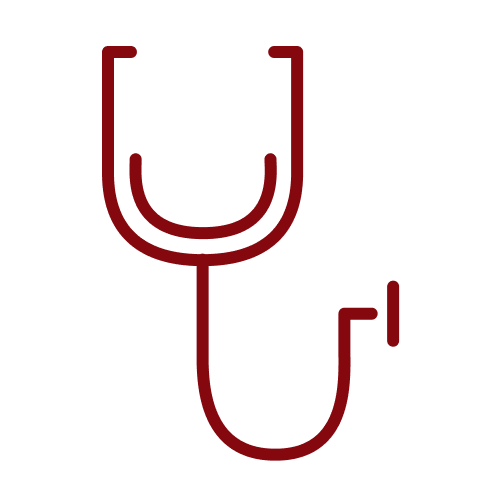 A stylized red stethoscope illustration with the chestpiece at the bottom and the tubing forming a U shape.
