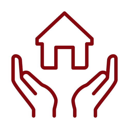 Two open hands holding a simple outline of a house, representing home protection or housing support.
