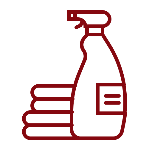 Illustration of a spray bottle and neatly stacked folded towels.