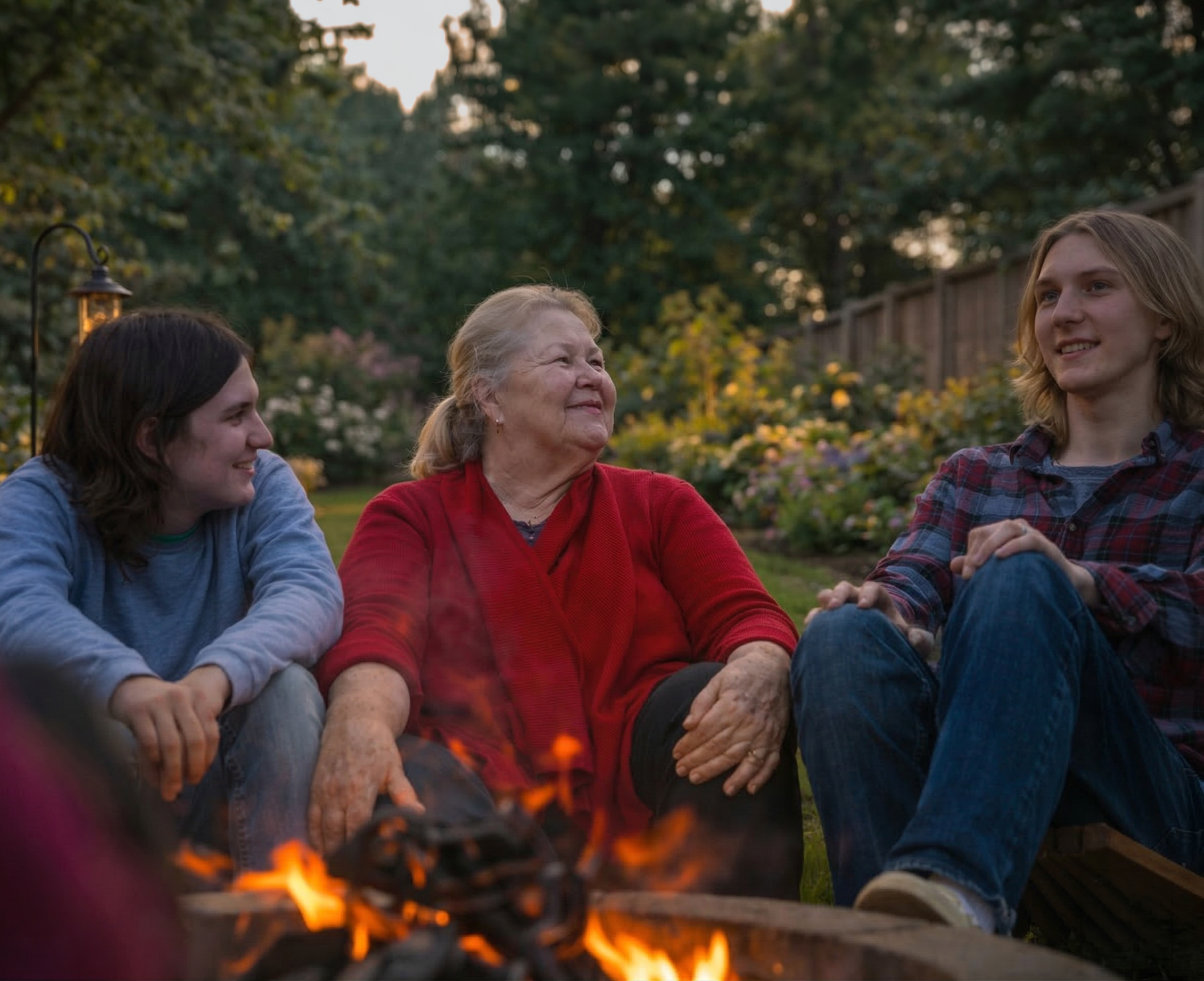 Three generations of a family sitting outdoors around a campfire at dusk, smiling and enjoying each other's company in a garden with trees and flowers in the background.