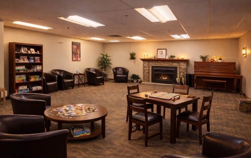 A cozy lounge with a fireplace, potted plants, a bookshelf filled with books and board games, a wooden table with chairs, and a piano in the background.