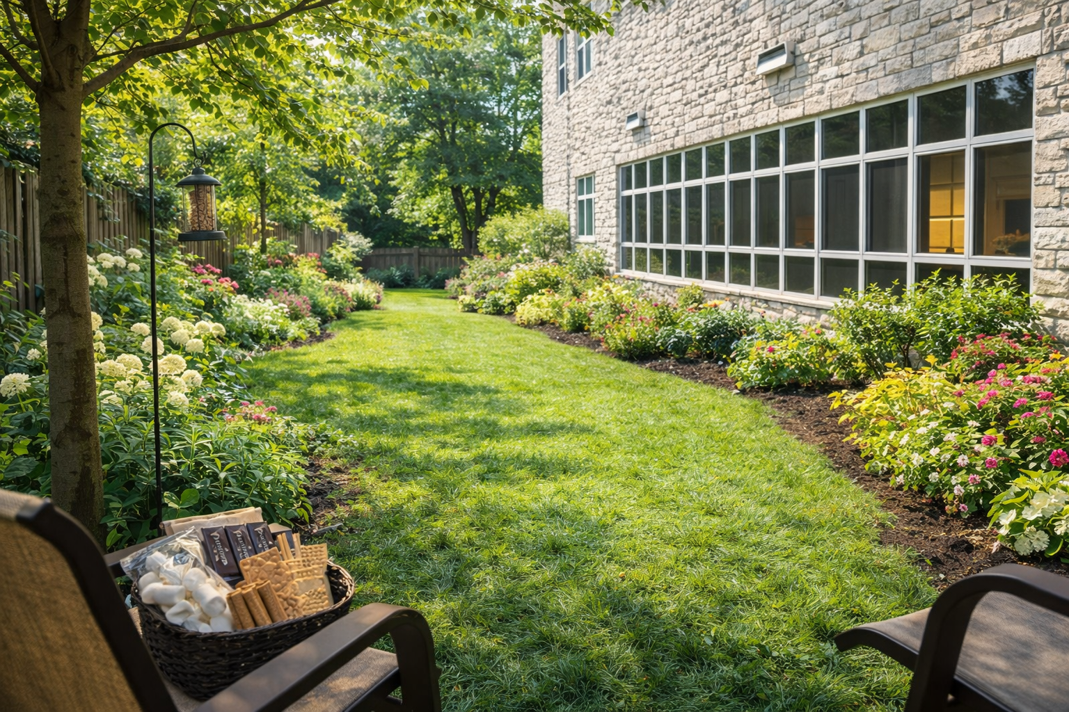 A backyard garden with green grass, flowering bushes along a stone house, and trees providing shade, with an outdoor chair and a basket of snacks in the foreground.