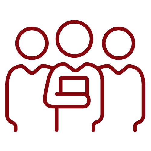 Line drawing of three business professionals, with the middle one holding a clipboard, representing teamwork or collaboration.