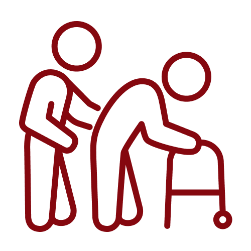 Line drawing of a person assisting an elderly person with a walker.